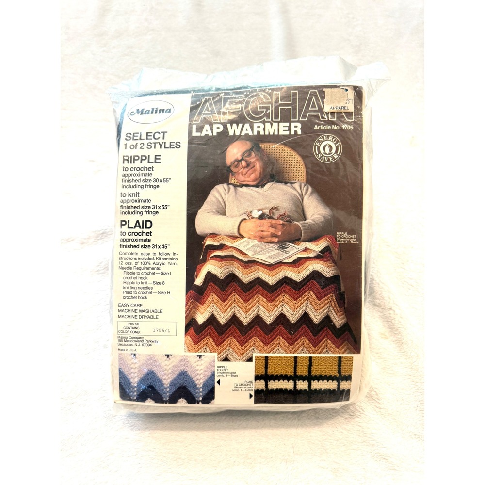 Malina Afghan Lap‎ Warmer Kit 1705 Vintage Ripple Plaid Crochet Knit Gold Brown